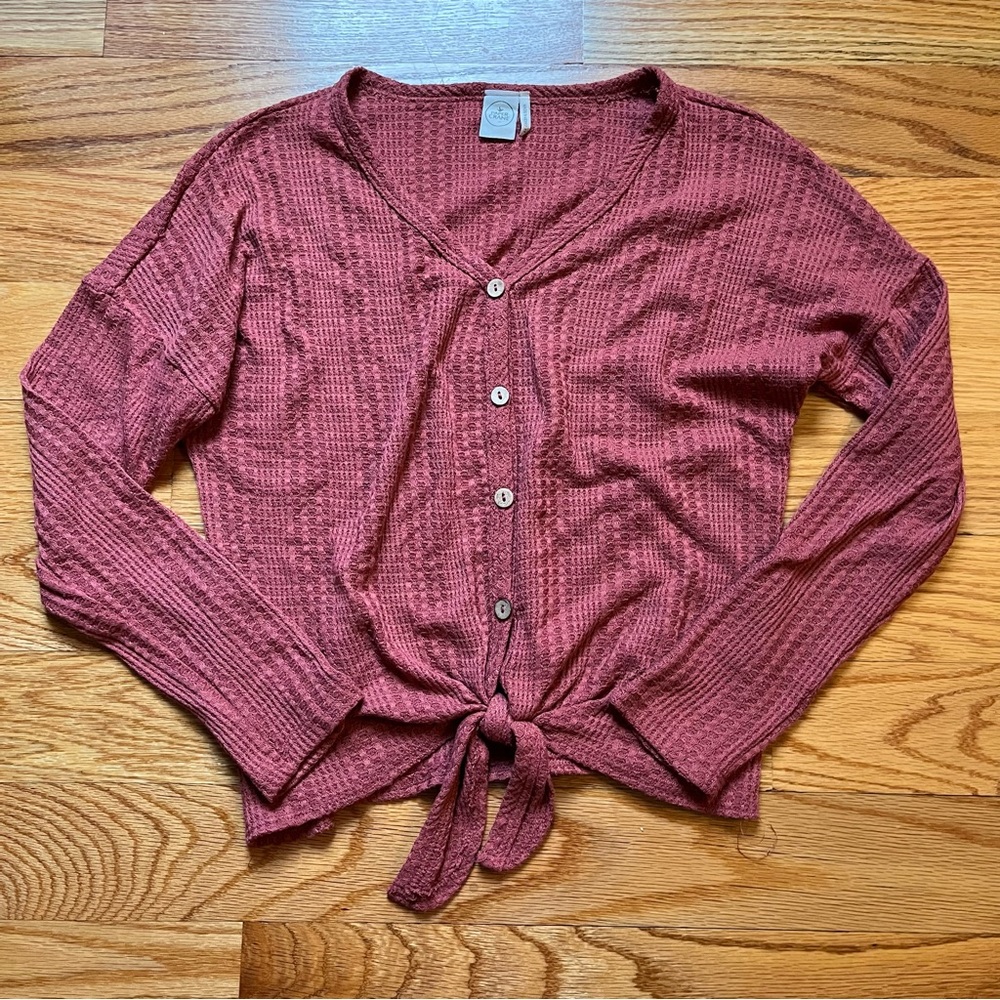 Paper Crane tie front knit button down in burnt red size XS